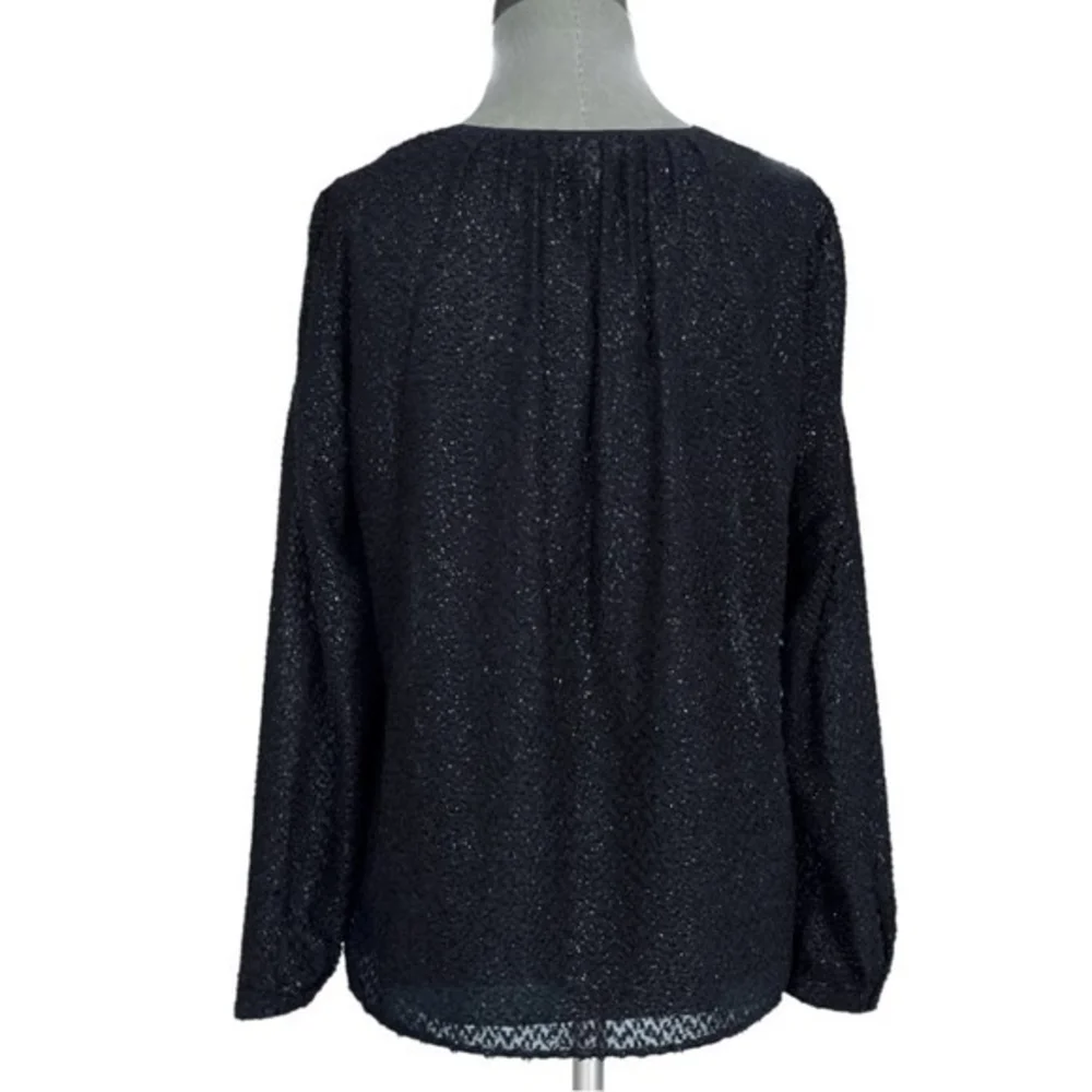 Michael Kors Black Fuzzy Sparkle Textured Blouse S/M Bow Front Long Sleeve EXC